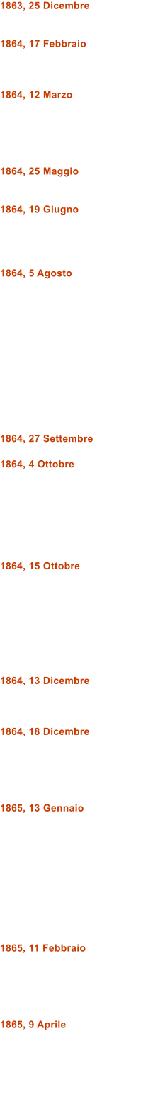 1863, 25 Dicembre   1864, 17 Febbraio    1864, 12 Marzo      1864, 25 Maggio   1864, 19 Giugno     1864, 5 Agosto             1864, 27 Settembre  1864, 4 Ottobre        1864, 15 Ottobre         1864, 13 Dicembre    1864, 18 Dicembre      1865, 13 Gennaio           1865, 11 Febbraio      1865, 9 Aprile